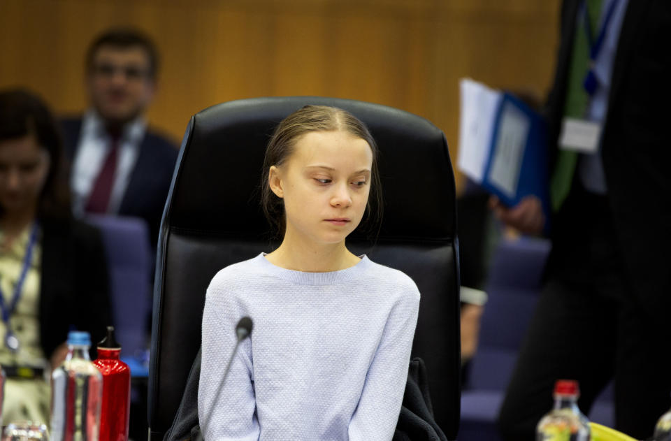 Swedish climate activist Greta Thunberg attends the weekly College of Commissioners meeting at EU headquarters in Brussels, Wednesday, March 4, 2020. European Commission President Ursula von der Leyen, who has put climate change at the top of her priorities and pledged to make Europe the first climate neutral continent by 2050, will present her plans on Wednesday. (AP Photo/Virginia Mayo)