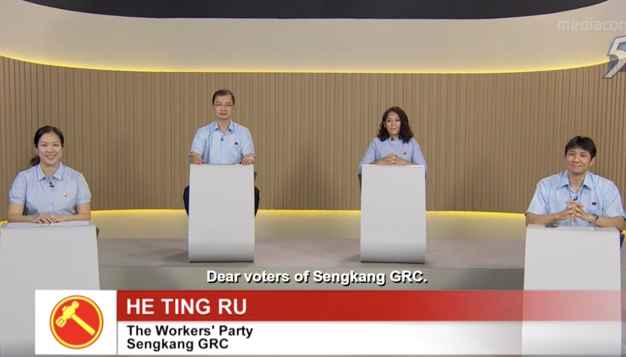 The Workers' Party team for Sengkang GRC in GE2020 at a constituency political broadcast on 7 July 2020. (SCREENSHOTS: Mediacorp/YouTube)