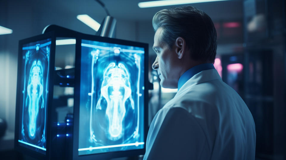 A doctor using a medical imaging system to diagnose a patient at a hospital.