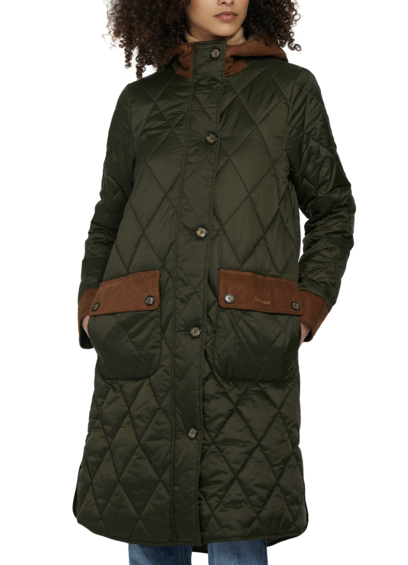 black model curly hair wearing dark green and brown Barbour Mickley Quilted Hooded Coat