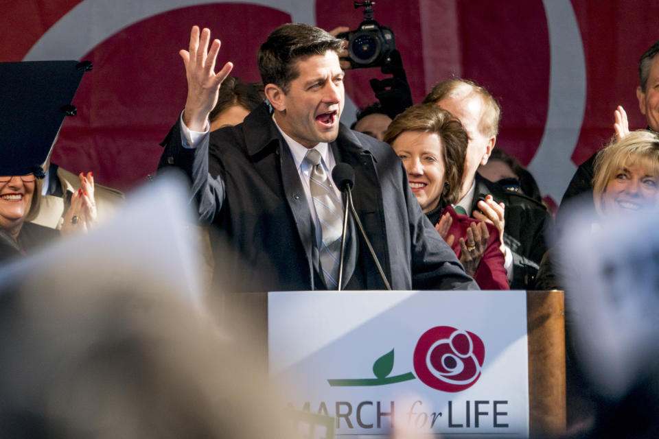 <p>House Speaker Paul Ryan of Wis., speaks at an anti-abortion rally on the National Mall in Washington, Friday, Jan. 19, 2018, during the annual March for Life. (Photo: Andrew Harnik/AP) </p>