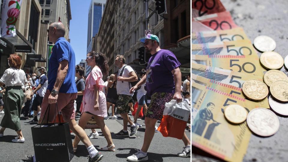 Compilation image of people walking in the street and a pile of notes and coins to represent a tax refund