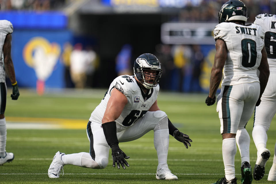 Philadelphia Eagles offensive tackle Lane Johnson, left, celebrates a run by running back D'Andre Swift, right, during the second half of an NFL football game against the Los Angeles Rams Sunday, Oct. 8, 2023, in Inglewood, Calif. (AP Photo/Gregory Bull)