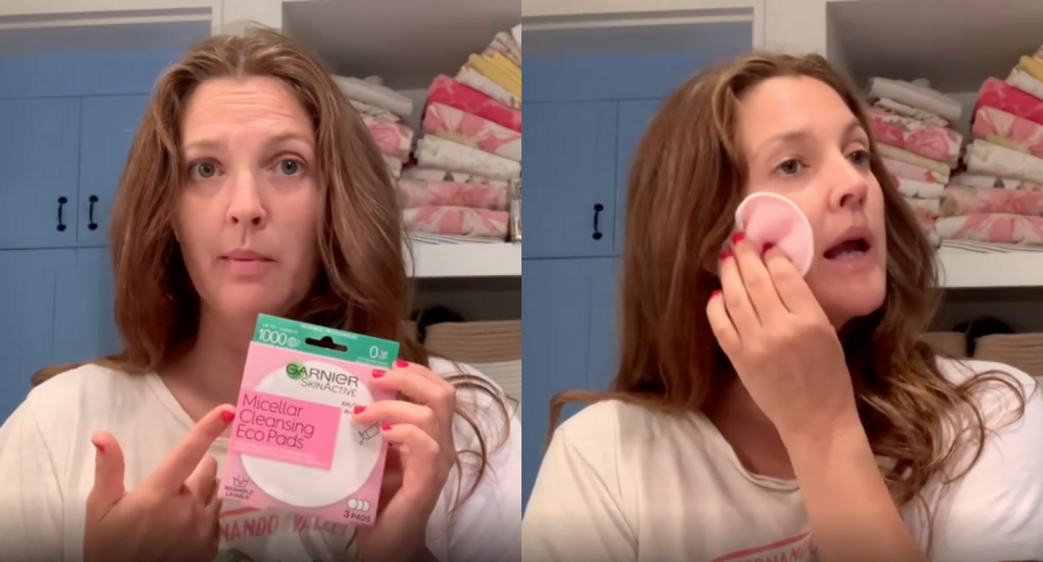 Drew Barrymore swears by these $10 eco-friendly cleansing pads. Images via Instagram/DrewBarrymore.