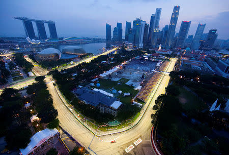 Part of the illuminated circuit is seen during the third practice session of the Singapore F1 Grand Prix at the Marina Bay circuit September 25, 2010. REUTERS/Edgar Su/File Photo