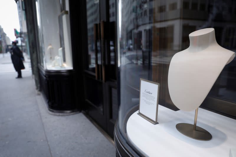 Closed luxury retail stores on 5th Avenue in Manhattan during outbreak of the coronavirus disease (COVID-19) in New York