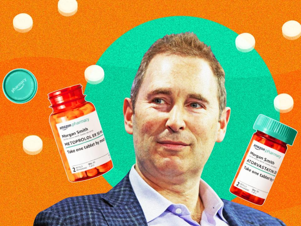 Amazon CEO Andy Jassy next to Amazon pharmacy bottles in front of a teal and orange background with white pills