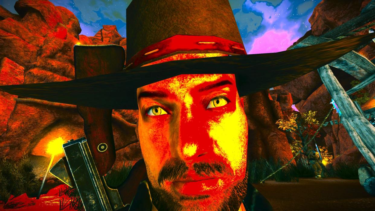  A bizarre, high-contrast close-up shot of Daniel from New Vegas' Honest Hearts DLC. 