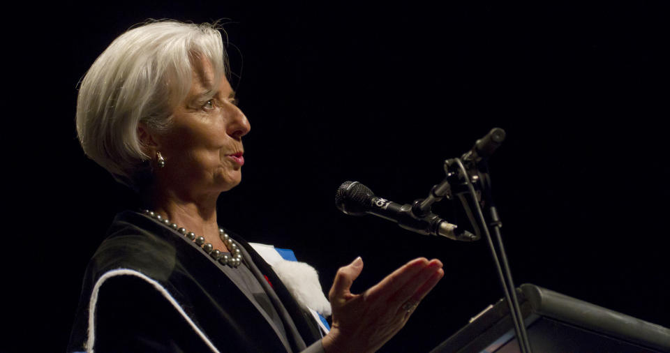 Managing Director of the International Monetary Fund, Christine Lagarde speaks after receiving an honorary doctorate from the Catholic University of Leuven in Kortrijk, Belgium on Monday, Oct 29, 2012. The university is conferring the degree on Christine Lagarde in recognition of what they consider her strong leadership, exceptional legal and macroeconomic vision, and lucid analyses and straightforward proposals for understanding and addressing the current global financial crisis. (AP Photo/Virginia Mayo)