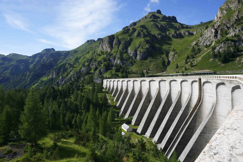 A view of a dike at the Passo Fedaia, on the Marmolada glacier, in the Italian Alps, July 2022