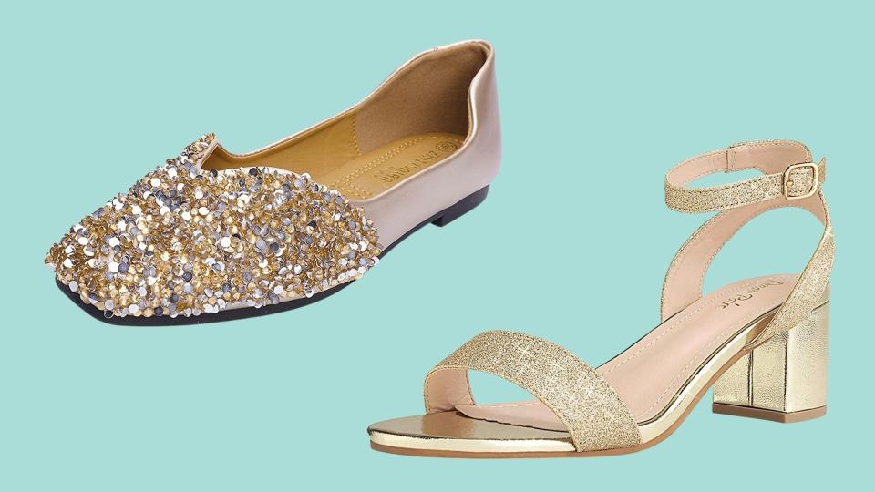 Sparkly flats and gold open-toe sandals