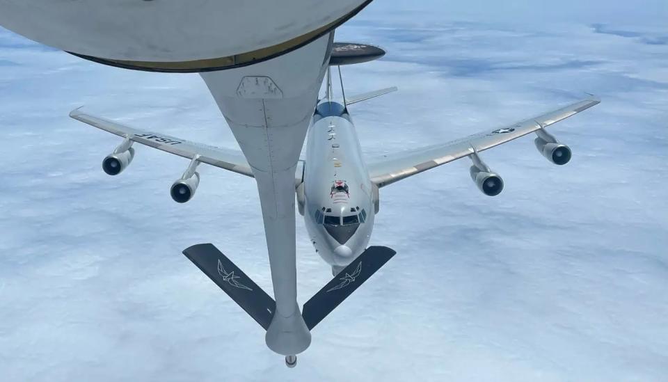 A U.S. Air Force E-3 Sentry Airborne Warning and Control System (AWACS) aircraft as seen from the Metrea KC-135R tanker refueling it during Exercise Resolute Hunter 23-2. <em>Metrea</em>