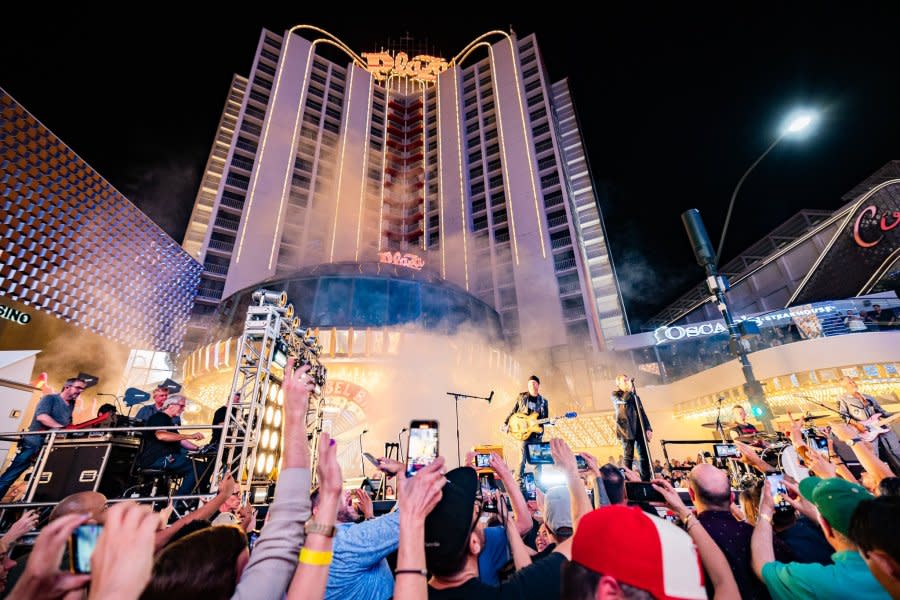 U2 shoots music video on Fremont Street in Las Vegas on Sept. 17, 2023. (Credit: @CityOfLasVegas)