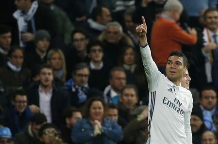 Football Soccer - Real Madrid v Napoli - UEFA Champions League Round of 16 First Leg - Estadio Santiago Bernabeu, Madrid, Spain - 15/2/17 Real Madrid's Casemiro celebrates scoring their third goal Reuters / Juan Medina Livepic