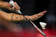 <p>CHOFU, JAPAN - JULY 26: A picture shows Gabriela Stoeva's tattoo and fingernails as she serves during a Women’s Doubles Group D match between Gabriela Stoeva and Stefani Stoeva of Team Bulgaria and Chen Qing Chen and Jia Yi Fan of Team China on Day 3 of the Tokyo 2020 Olympic Games at Musashino Forest Sport Plaza on July 26, 2021 in Chofu, Tokyo, Japan. (Photo by Lintao Zhang/Getty Images)</p> 