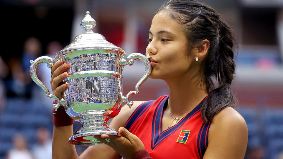 Emma Raducanu, pictured here celebrating after winning the US Open.