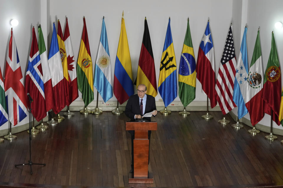 Colombia's Foreign Minister Alvaro Leyva reads a statement at the end of a conference with international delegates focused on Venezuela's political crisis, in Bogota, Colombia, Tuesday, April 25, 2023. (AP Photo/Fernando Vergara)