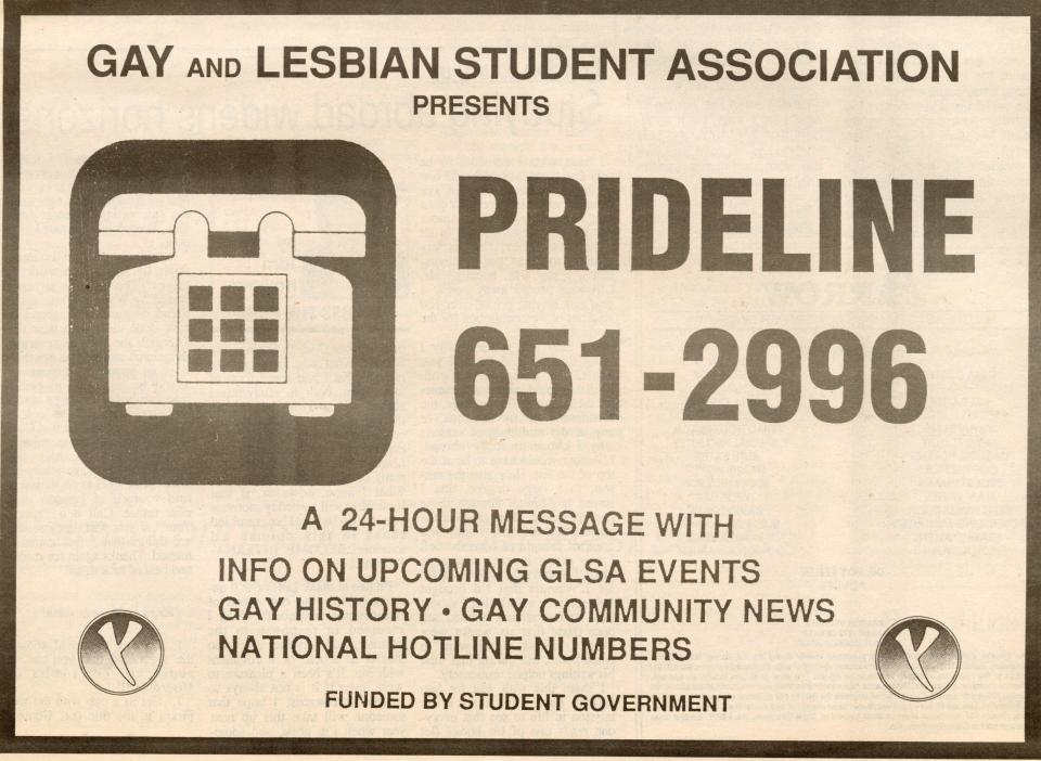 An advertisement for the Gay and Lesbian Student Association's Prideline in the The Capaha Arrow (now just The Arrow) at Southeast Missouri State University in April 1989. This was the advertisement that LGBT History Month founder Rodney Wilson called.