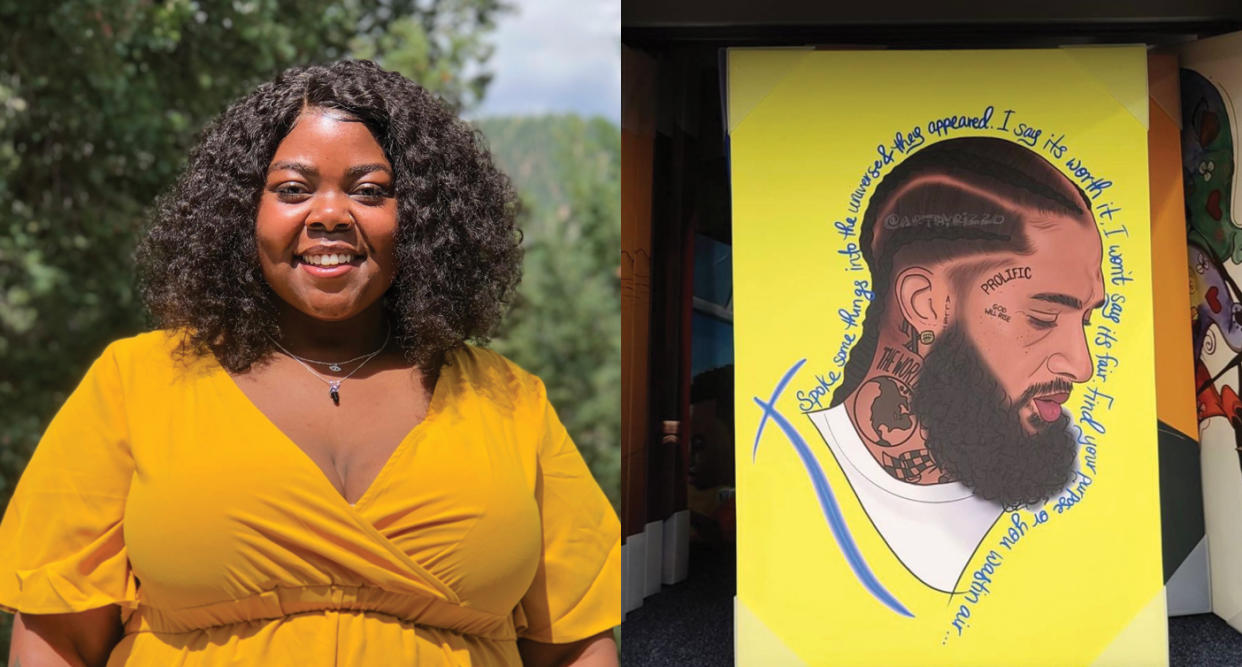 Artist Jeresneyka Rose, left, says she was stunned to find out her portrait of Nipsey Hussle, right, was being sold by  Walmart without her permission. (Photo: @ArtByRizzo)Photo: @ArtByRizzo