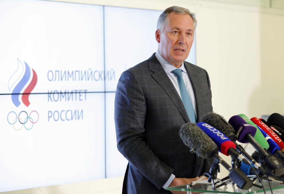 President of the Russian Olympic Committee Stanislav Pozdnyakov speaks during a news conference in Moscow, Russia, Thursday, Dec. 17, 2020. The Court of Arbitration for Sport confirmed Russia's flag and anthem are barred from next year's Olympics in Tokyo and the 2022 Winter Games in Beijing on Thursday. (AP Photo/Alexander Zemlianichenko)