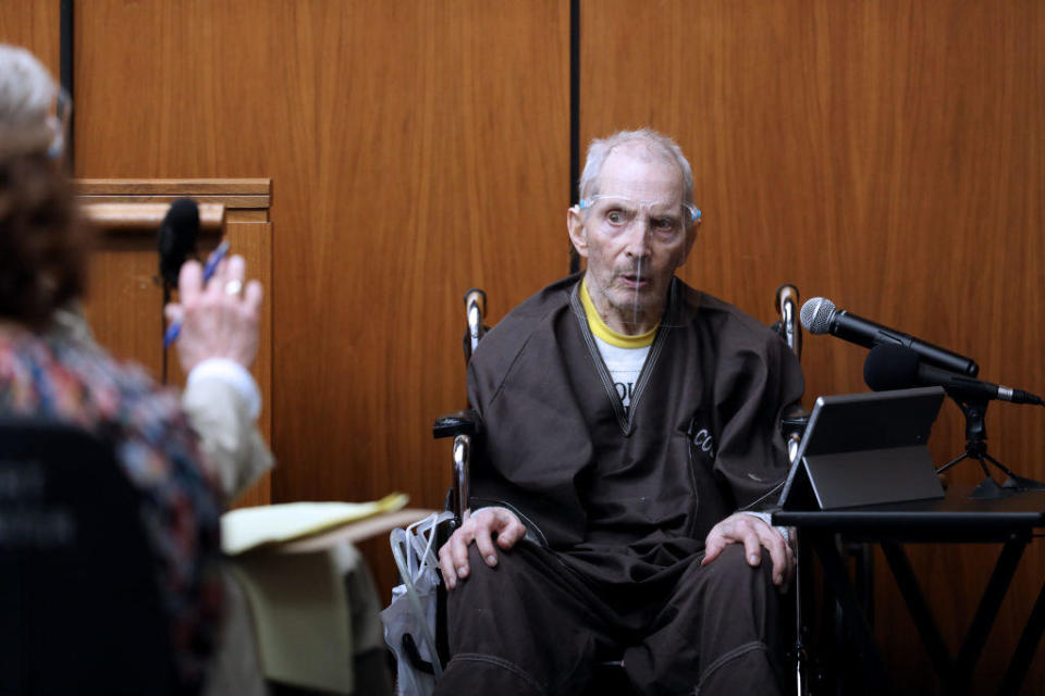 Robert Durst takes the stand on August 9, 2021, in his trial on murder charges for the 2000 shooting death of his friend Susan Berman. / Credit: Gary Coronado / Los Angeles Times via Getty Images