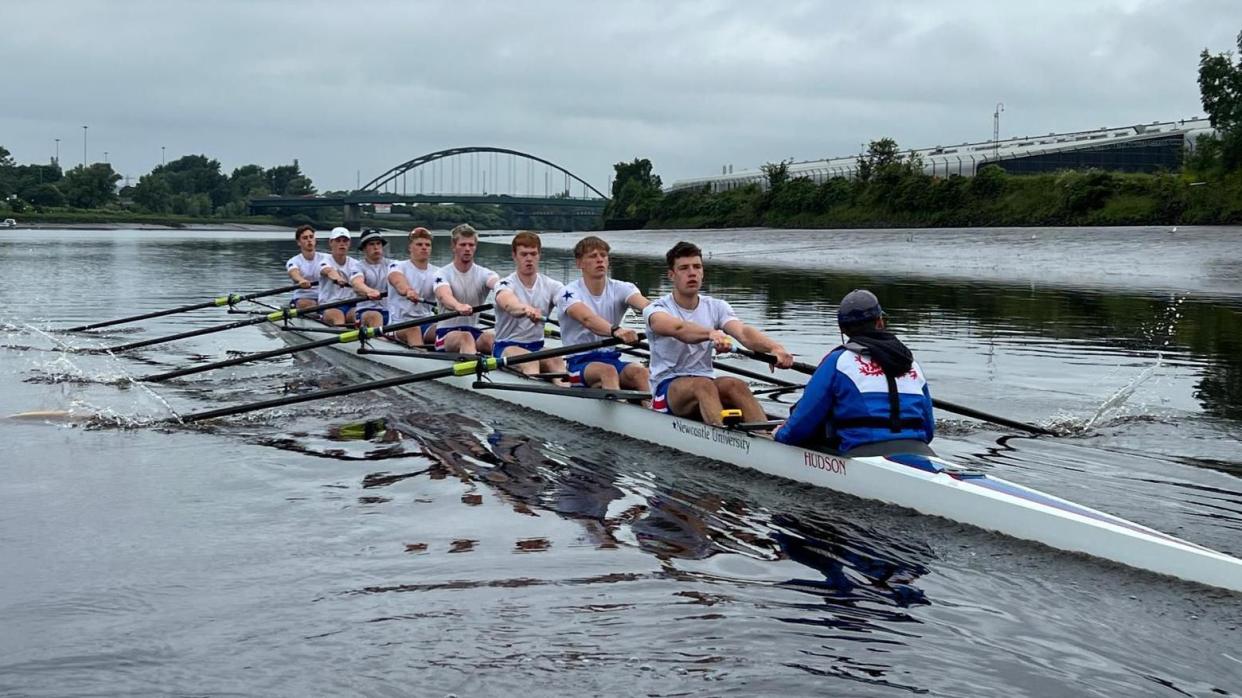 Newcastle University Boat Club men's eight team training on he River Tyne 