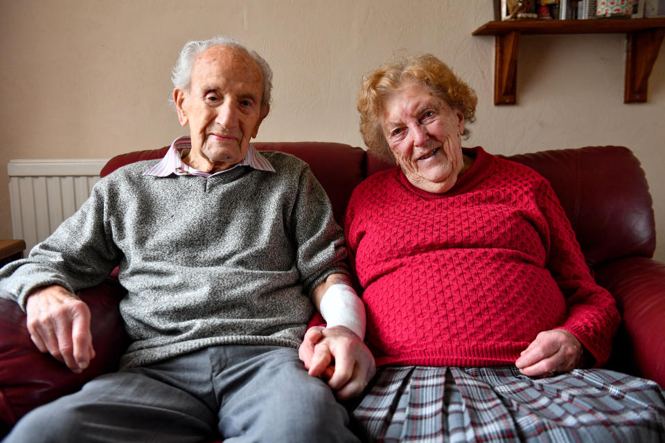 John Cox, 102, with his wife Joan, 97 at their home in Lincoln, where he fought off a conman burglar who tried to gain access on Tuesday.