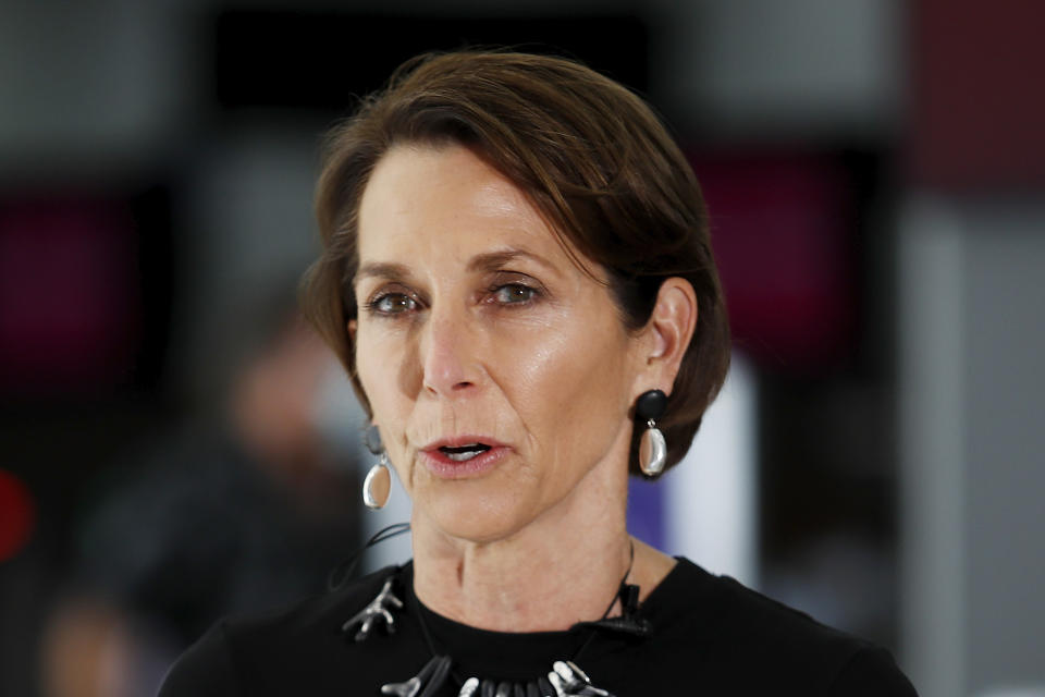 Jayne Hrdlicka, Chief Executive Officer of Virgin Australian speaks to the media during the Virgin Australia and AFL Media Opportunity at Melbourne Airport on March 15, 2021 in Melbourne, Australia. (Photo by Dylan Burns/AFL Photos via Getty Images)