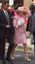 <p>For the wedding of Samantha Shaw & David Keswick in London, Camilla donned a pink sheath dress with matching dress coat with fringed cuffs. </p>