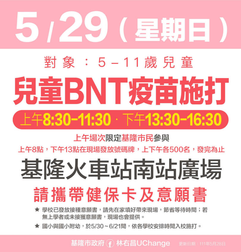 基隆市明日在火車站南站廣場，開設兒童BNT疫苗集中施打站，上午的名額優先提供給設籍基隆的兒童，下午則不限戶籍地。（圖/基隆市政府提供）