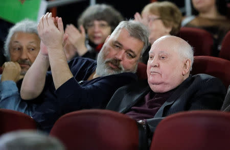 Former Soviet President Mikhail Gorbachev (R) attends the Russian premiere of the documentary film "Meeting Gorbachev" in Moscow, Russia November 8, 2018. REUTERS/Tatyana Makeyeva