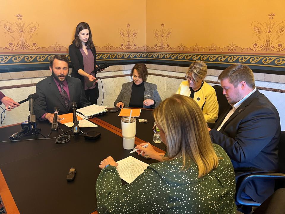 Rep. Bobby Kaufmann, R-Wilton, speaks about a bill that would require Iowans to be physically present in order to participate in the caucuses, and to register for a political party 70 days in advance.