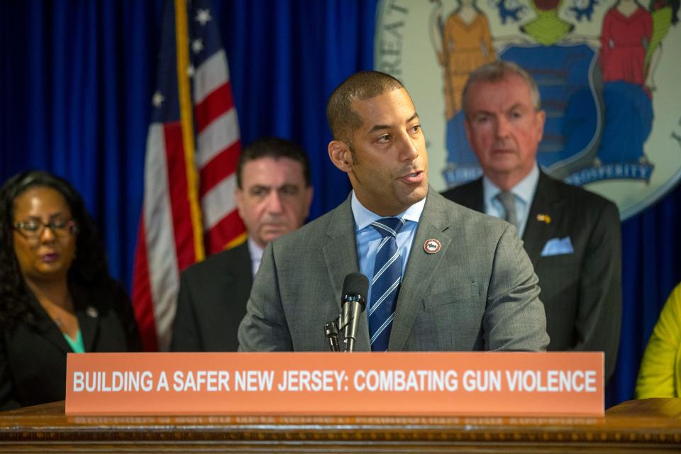 Sean Spiller, Montclair's mayor, speaks as Governor Phil Murphy holds a press conference in Trenton, NJ Wednesday, May 25, 2022.