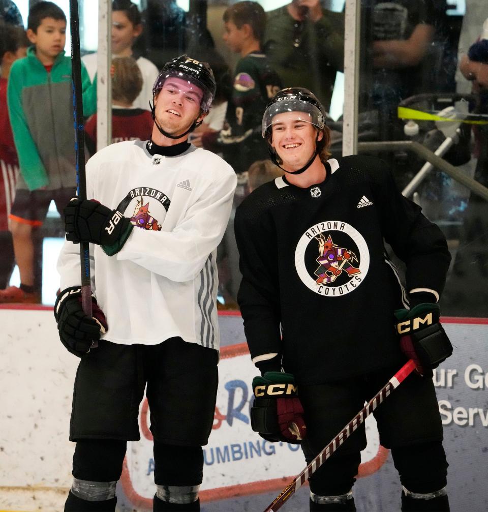 Jul 3, 2023; Scottsdale, AZ, USA; Arizona Coyotes Conor Geekie (28) and forward Josh Doan (91) during prospect development camp at Ice Den Scottsdale. Mandatory Credit: Rob Schumacher-Arizona Republic