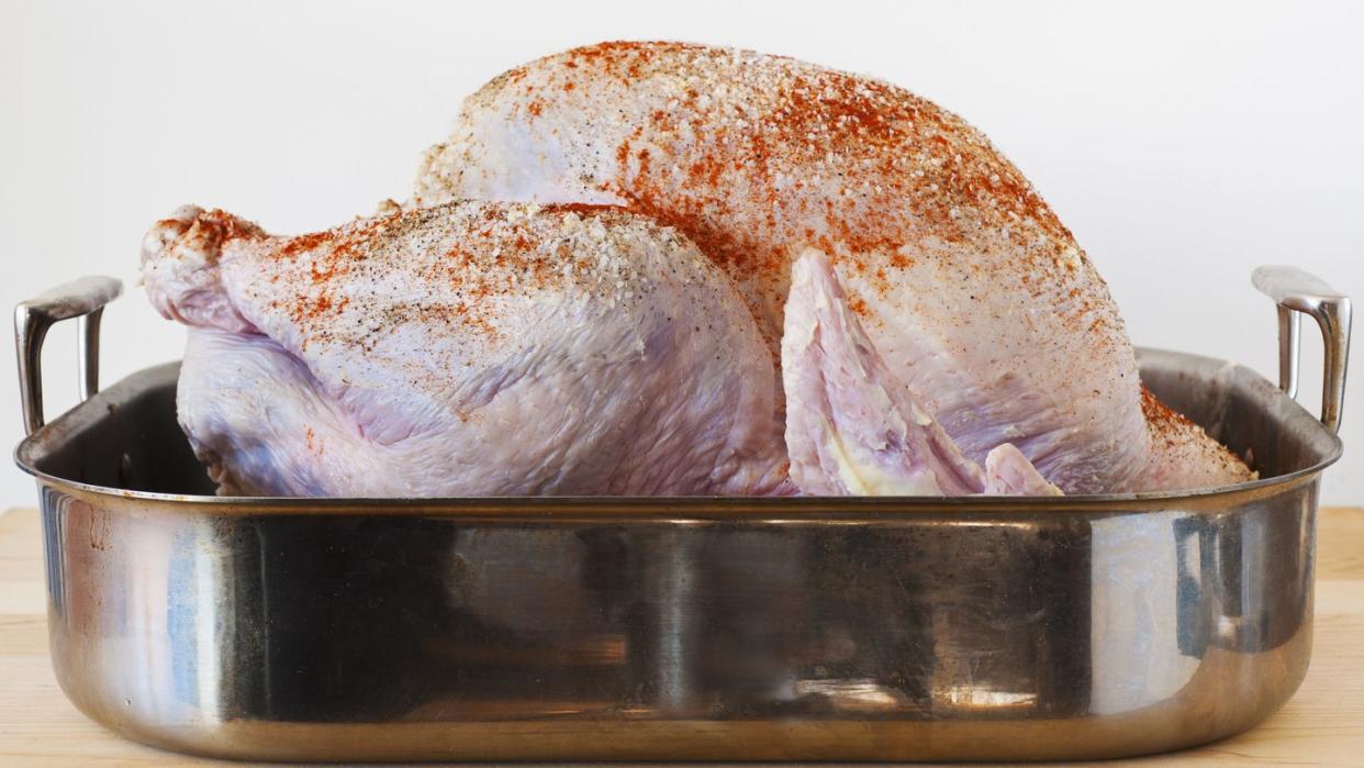 a raw 20 pound turkey, seasoned, ready to roast