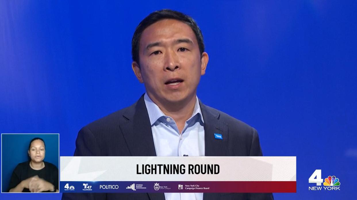 Andrew Yang participates in the New York City Democratic Primary Mayoral Debate on WNBC on June 16, 2021.