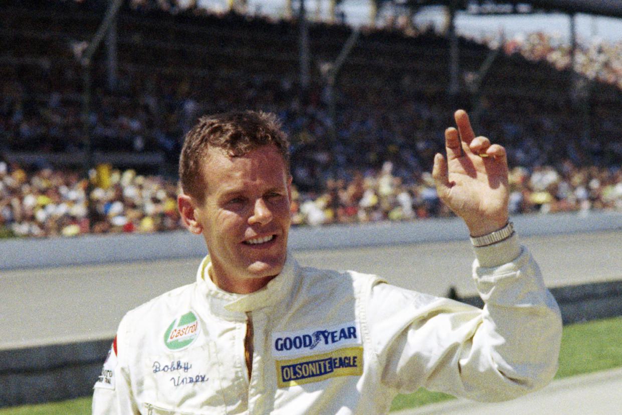 FILE - Auto racer Bobby Unser is shown at the Indianapolis 500 auto race in Indianapolis, Ind., in this May 30, 1971, file photo. 