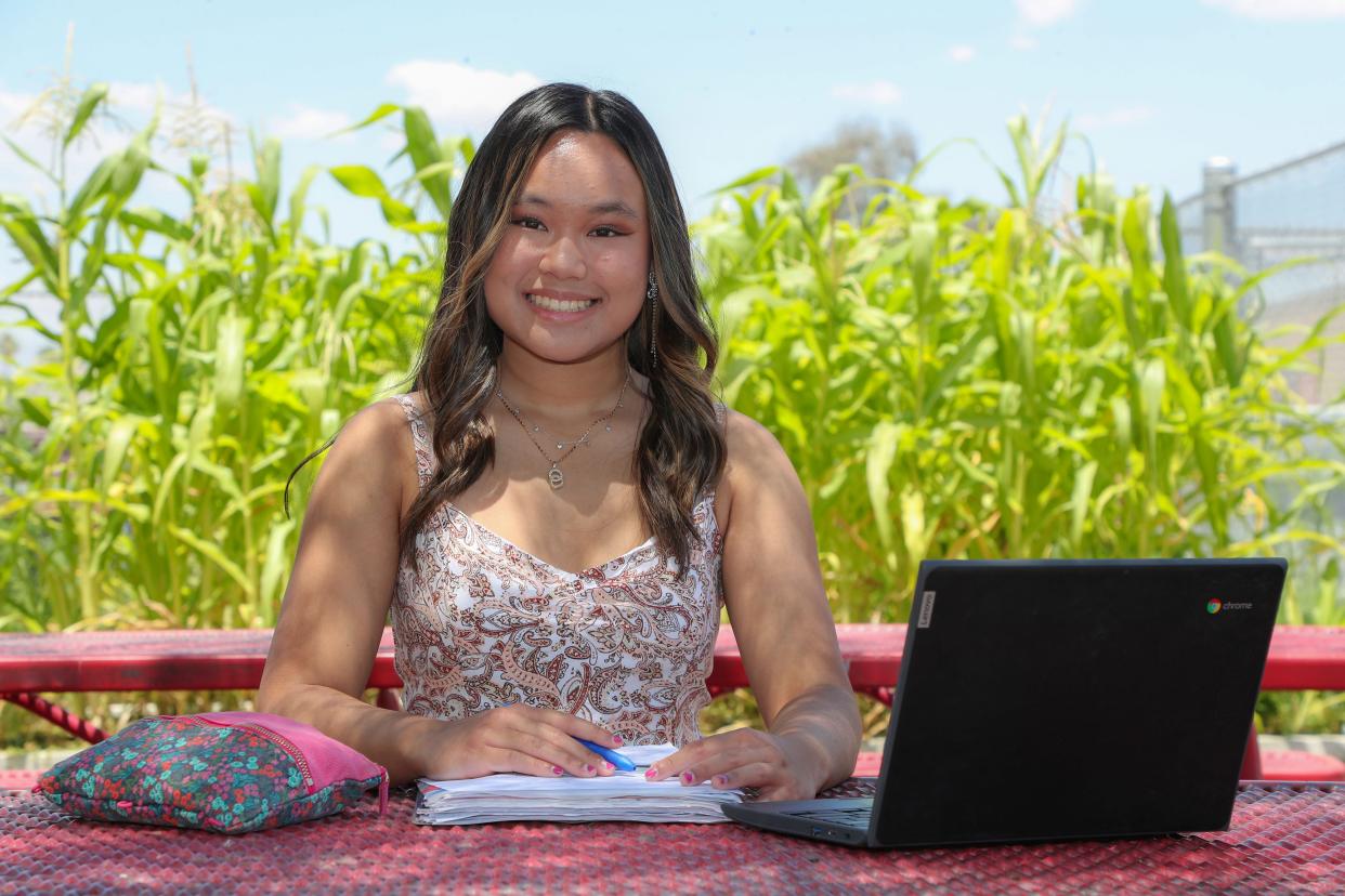 Shelomith Hoy is a student at Palm Springs High School who not only will graduate in just three years but has also earned two associate degrees from College of the Desert. She is photographed at Palm Springs High School on May 17, 2023.