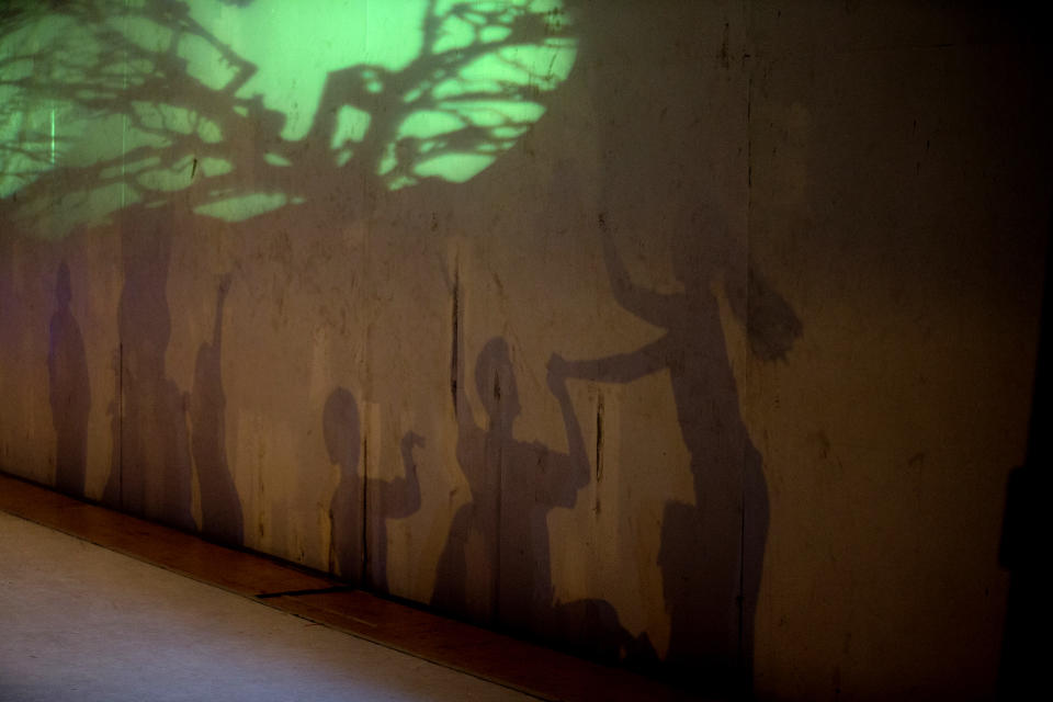 In this Dec. 4, 2018 photo, dancers' shadows are cast on a stage backdrop during the contemporary dance production Ubuntu, at the Teresa Carreno Theater in Caracas, Venezuela. Students' love for dance has helped them overcome the numerous obstacles faced by disabled people in Venezuela, where public transport is still mostly inaccessible to people on wheelchairs and ramps on sidewalks and public buildings are few and far between. (AP Photo/Fernando Llano)