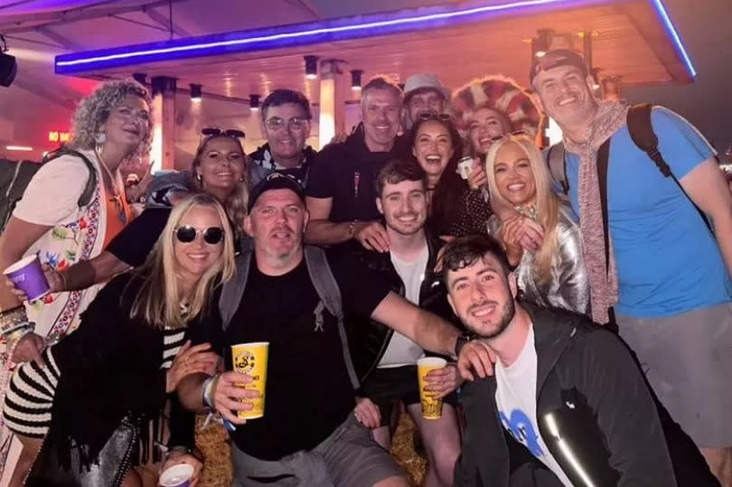 Jamie Carragher with friends and family outside the Sam Remo bar at Glastonbury