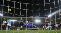 Football Soccer - Sunderland v Manchester City - Barclays Premier League - Stadium of Light - 2/2/16 Manchester City's Sergio Aguero scores their first goal Action Images via Reuters / Lee Smith Livepic EDITORIAL USE ONLY. No use with unauthorized audio, video, data, fixture lists, club/league logos or "live" services. Online in-match use limited to 45 images, no video emulation. No use in betting, games or single club/league/player publications. Please contact your account representative for further details.