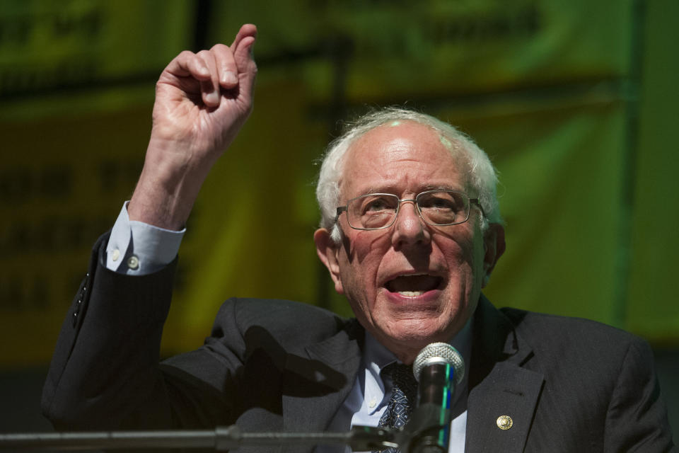 Sen. Bernie Sanders, I-Vt. addresses The Road to the Green New Deal Tour final event at Howard University in Washington, Monday, May 13, 2019. (AP Photo/Cliff Owen)