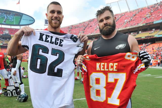 <p>Ed Zurga/AP</p> Travis Kelce (left) and Jason Kelce (right)