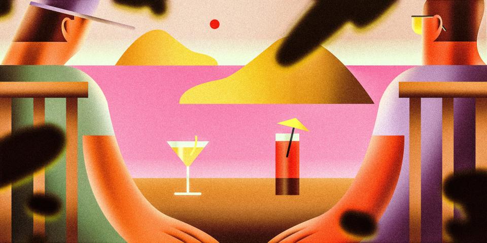 Illustration of a couple looking out to a sunset with cocktails.