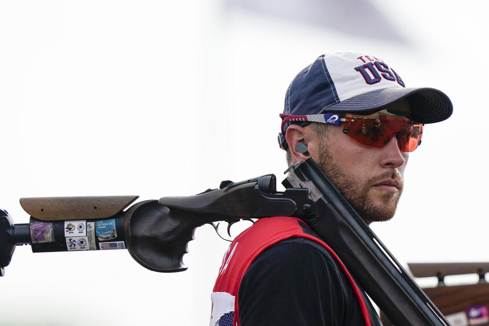 FILE - Vincent Hancock, of the United States, pauses as he competes in the men's skeet at the Asaka Shooting Range in the 2020 Summer Olympics, Monday, July 26, 2021, in Tokyo, Japan. Hancock went on to take the gold medal. (AP Photo/Alex Brandon, File)