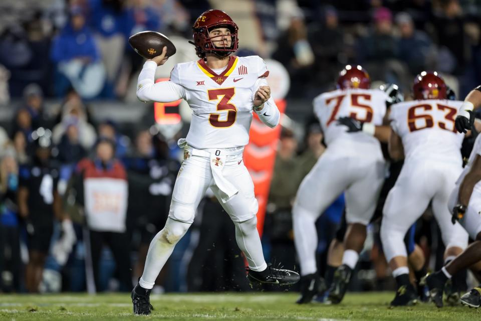 Iowa State Cyclones quarterback <a class="link " href="https://sports.yahoo.com/ncaaf/players/333160" data-i13n="sec:content-canvas;subsec:anchor_text;elm:context_link" data-ylk="slk:Rocco Becht;sec:content-canvas;subsec:anchor_text;elm:context_link;itc:0">Rocco Becht</a> (3) passes during the game against the BYU Cougars at LaVell Edwards Stadium in Provo on Saturday, Nov. 11, 2023. | Spenser Heaps, Deseret News