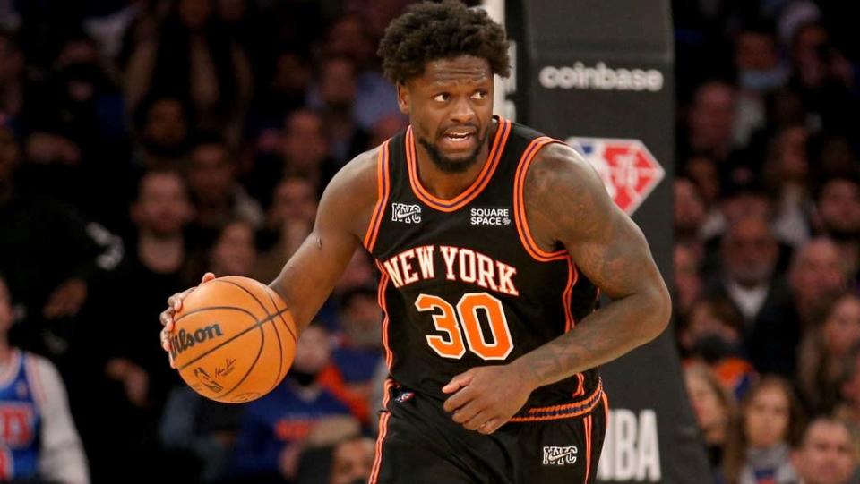 Feb 16, 2022; New York, New York, USA; New York Knicks forward Julius Randle (30) brings the ball up court against the Brooklyn Nets during the fourth quarter at Madison Square Garden.