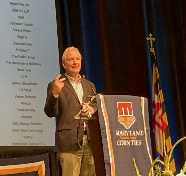 U.S. Sen. Chris Van Hollen, D-Md., speaks about infrastructure improvements during the Maryland Association of Counties Summer Conference in Ocean City, Maryland on August 18, 2022.