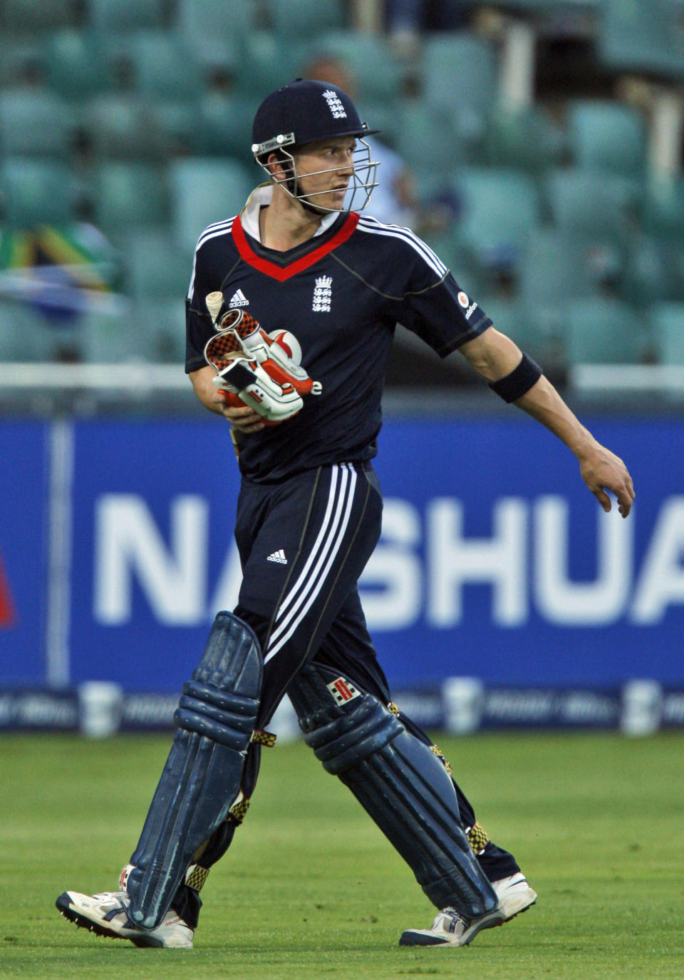 FILE - In this file photo dated Friday Nov. 13, 2009, England's Joe Denly leaves the crease after his dismissal by South Africa's bowler Charl Langeveldt, for a duck during their Twenty20 cricket match at the Wanderers stadium in Johannesburg, South Africa. England selectors have named uncapped test player Joe Denly, Friday Sept. 21, 2018, for its squad for the upcoming three Tests in Sri Lanka in November. (AP Photo/Themba Hadebe, FILE)