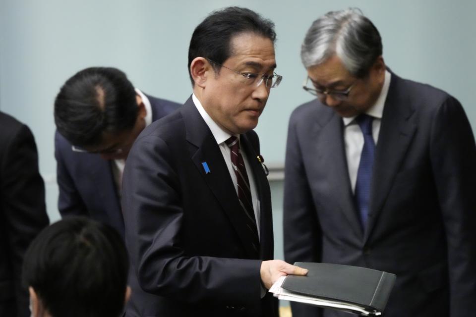 Japan's Prime Minister Fumio Kishida leaves after a press conference, in Tokyo, Thursday, March 28, 2024. (AP Photo/Eugene Hoshiko, Pool)